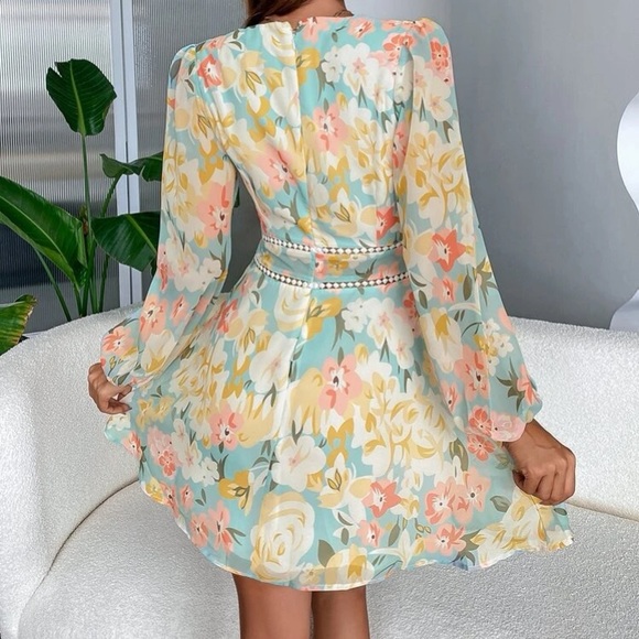 Boho floral print lantern sleeve A-line dress - Picture 3 of 6